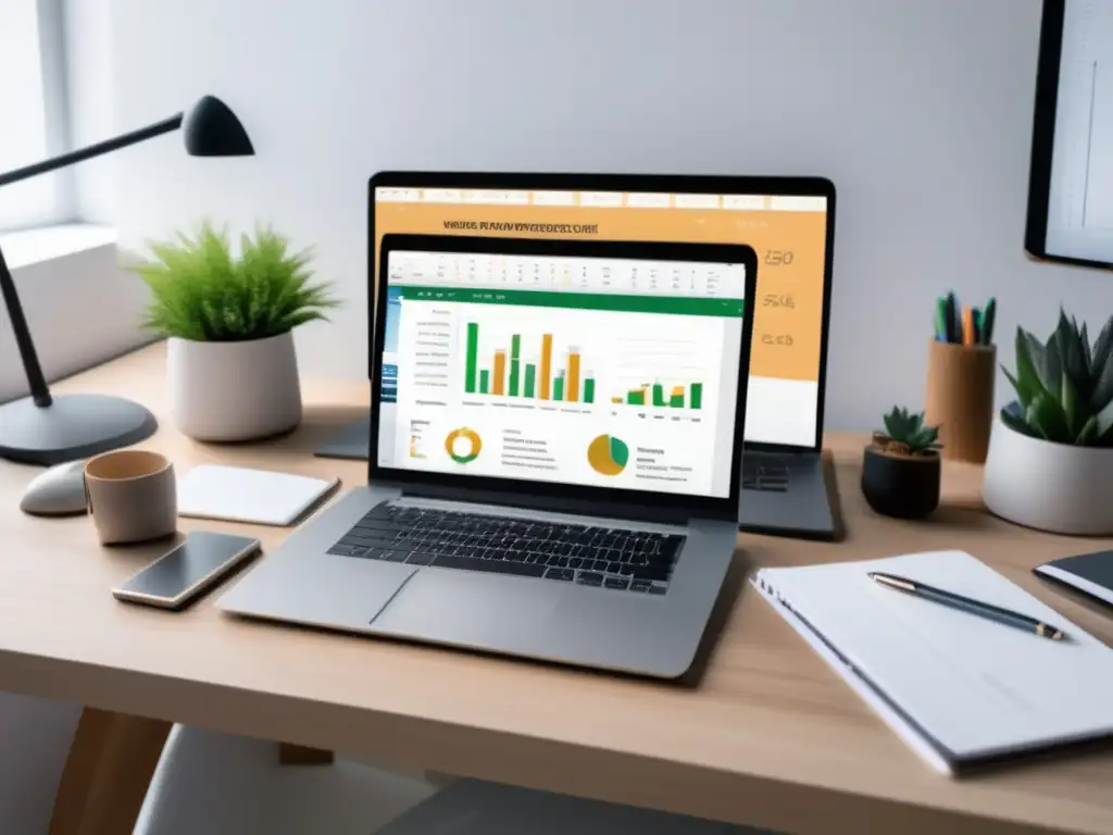 Espacio de trabajo minimalista Espacio de trabajo minimalista con escritorio de madera clara, laptop, planificación financiera para freelancers y taza de café