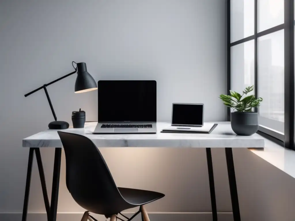 Espacio de trabajo minimalista y organizado para freelancer Espacio de trabajo limpio y organizado con escritorio de mármol blanco, silla ergonómica negra y libros de finanzas para freelancers