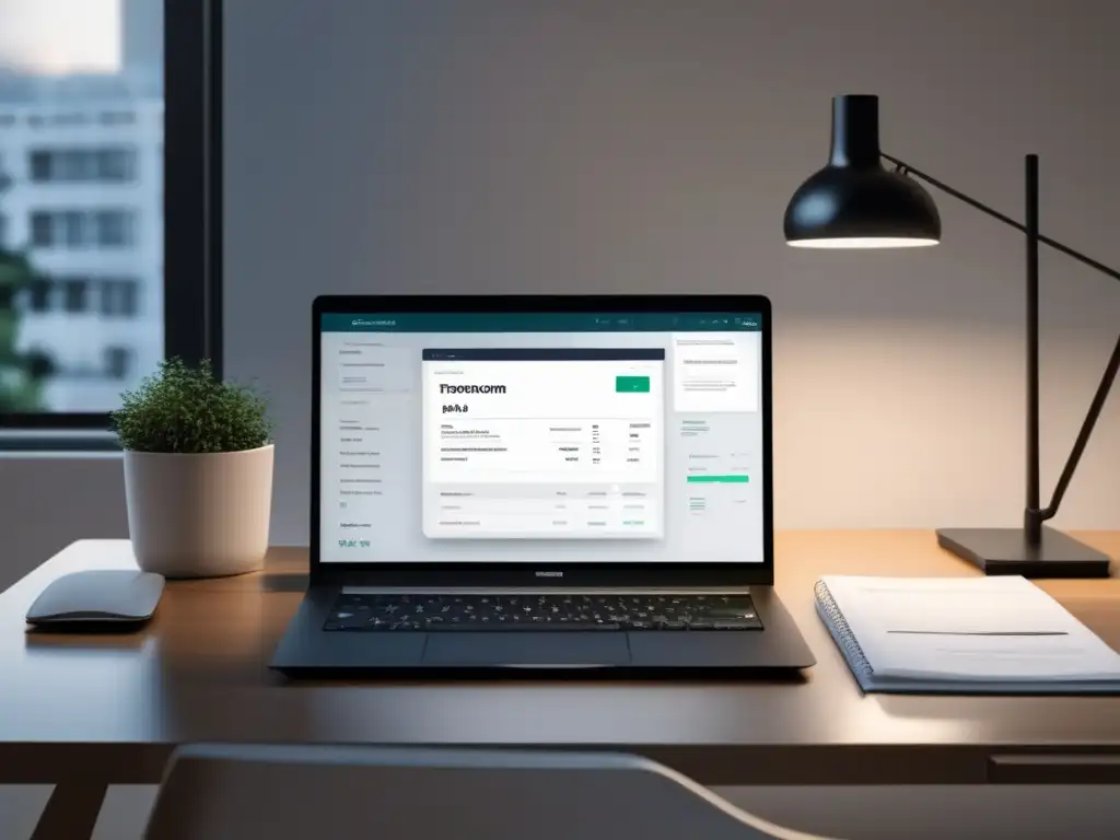 Espacio de trabajo ordenado y minimalista Espacio de trabajo minimalista con escritorio elegante, laptop moderna y lámpara minimalista