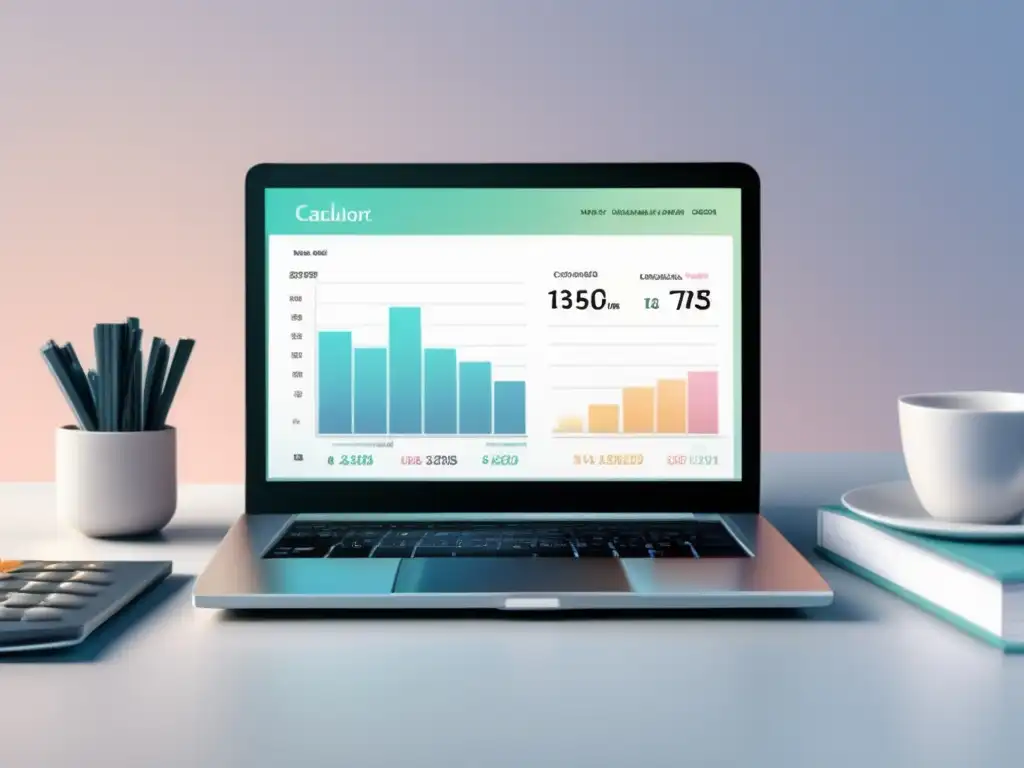 Espacio de trabajo organizado con calculadora y documentos Escritorio ordenado y elegante con laptop, calculadora y documentos