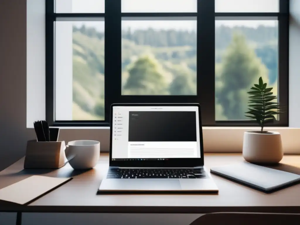 Espacio de trabajo limpio y organizado para freelancers Espacio trabajo freelancer: escritorio limpio y organizado, sin distracciones, con vista a paisaje sereno