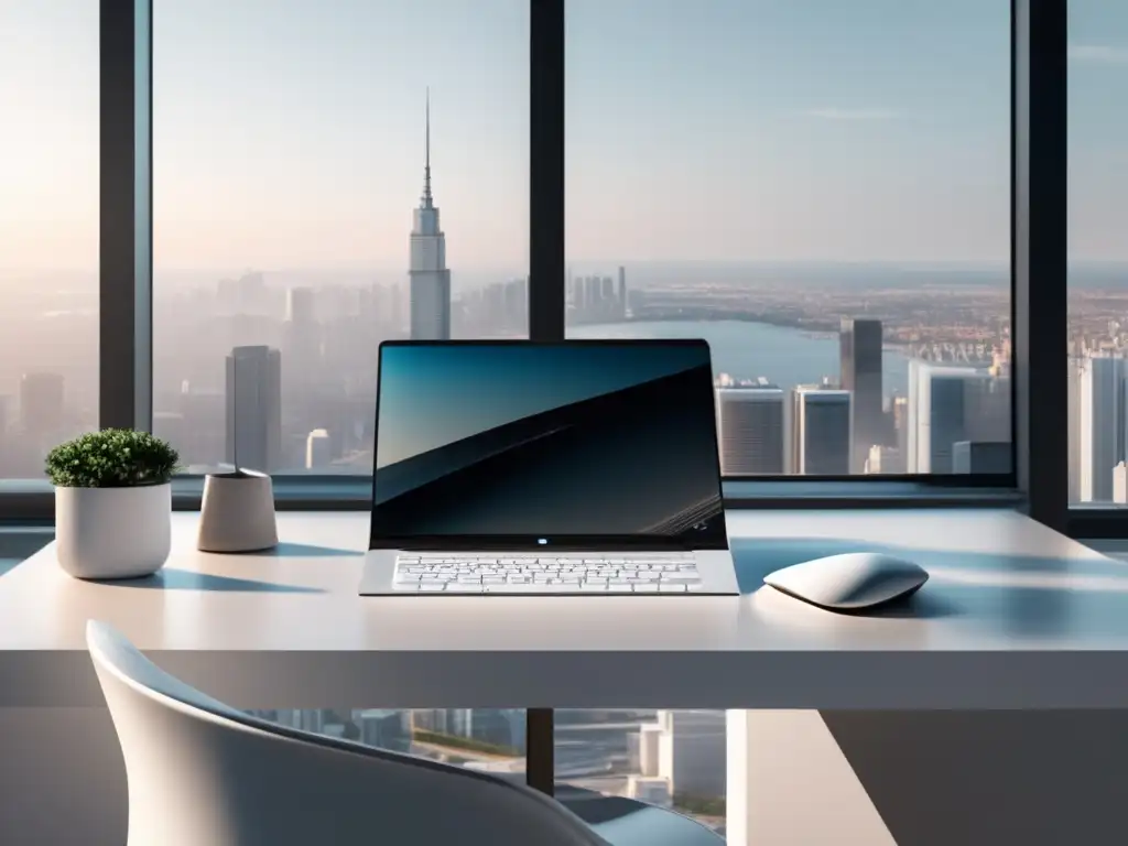 Espacio de trabajo minimalista para freelancers Espacio de trabajo minimalista para freelancers con escritorio blanco, laptop, teclado y ratón inalámbricos, ventana con vista a la ciudad y arte motivacional
