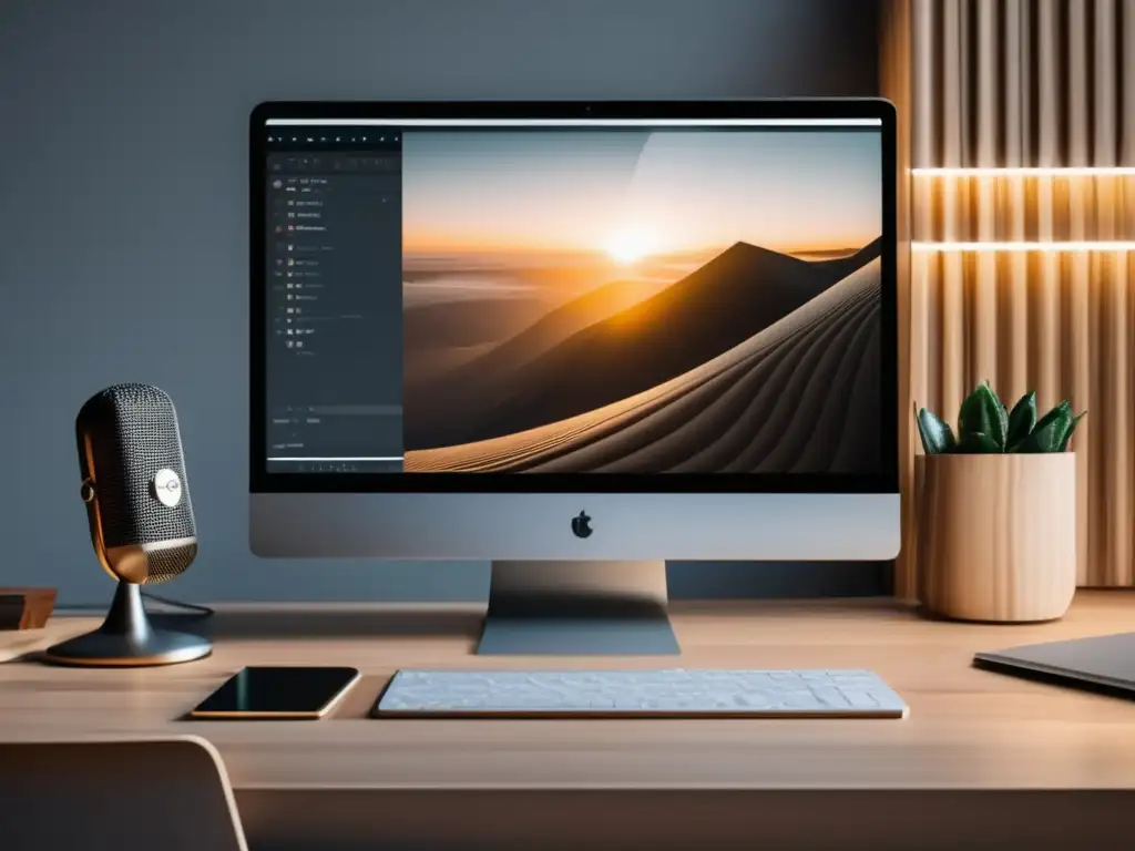 Espacio de trabajo minimalista para podcasting Espacio de trabajo minimalista para podcasting con equipo de alta calidad y planificación y gestión financiera para freelancers en podcast