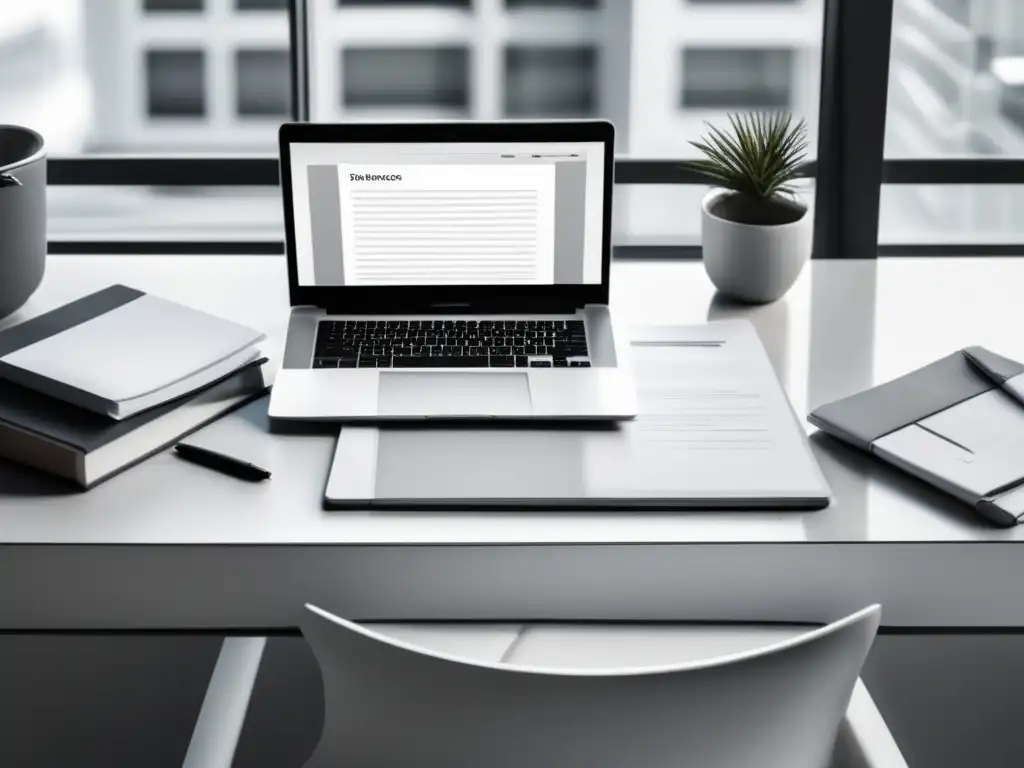 Espacio de trabajo minimalista para freelancers Espacio de trabajo minimalista con escritorio blanco, laptop elegante y pila organizada de documentos