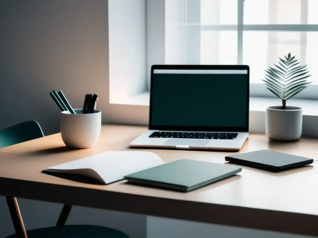Espacio de trabajo minimalista del freelancer Espacio de trabajo minimalista con paleta de colores relajante y estrategias de planificación financiera para freelancers en EEUU