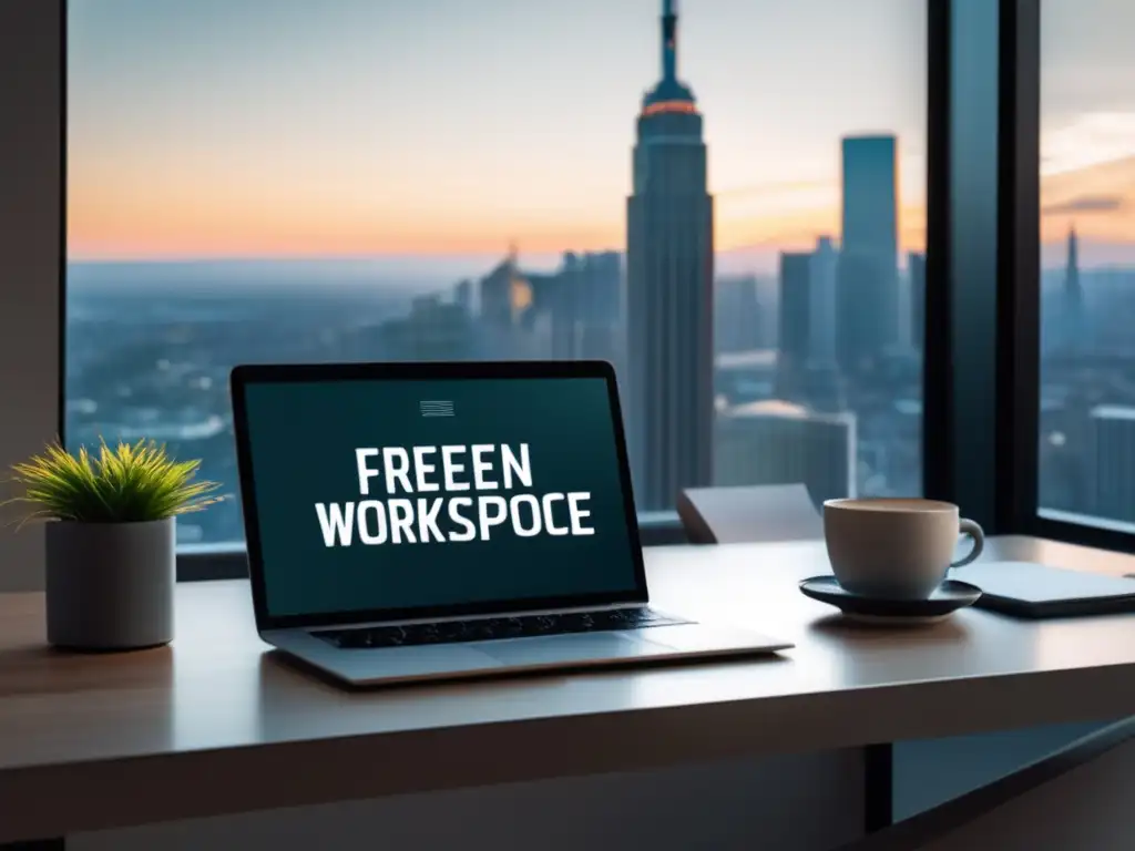 Espacio de trabajo del freelancer con estilo Escritorio organizado de freelancer con laptop, notepad y vista a la ciudad