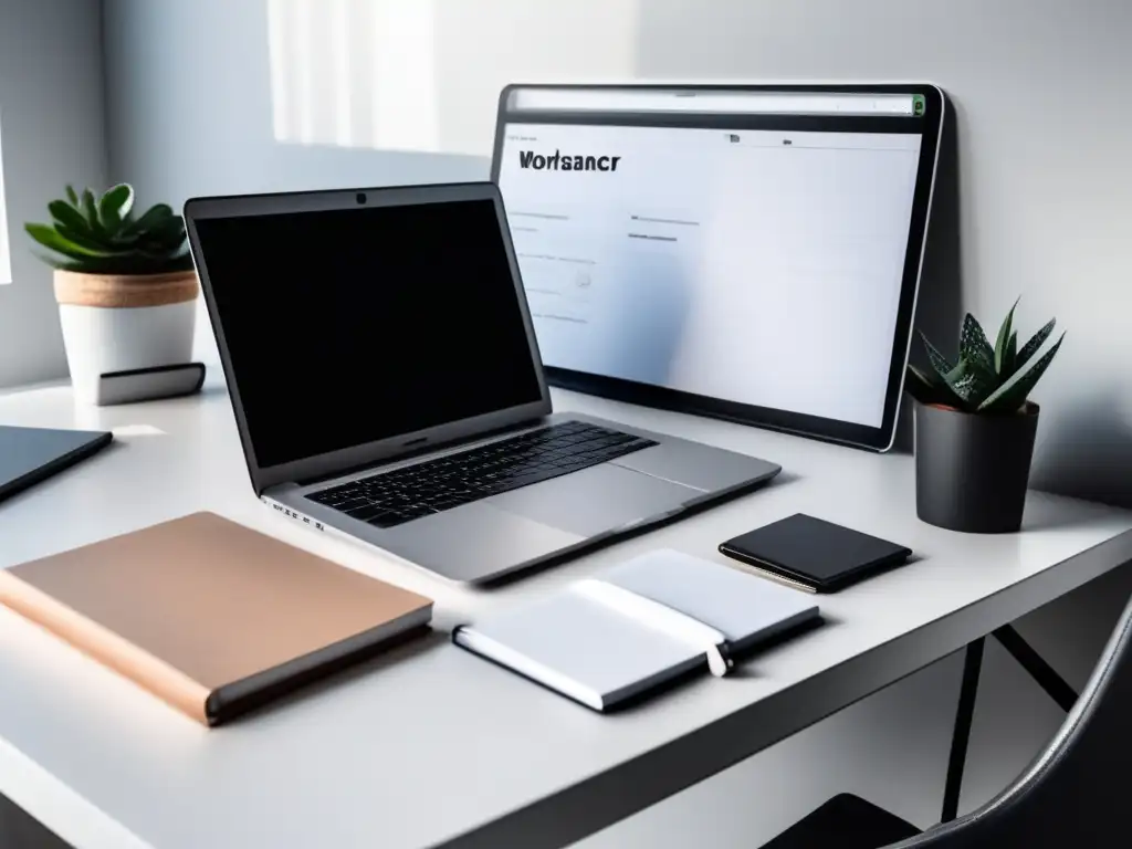 Espacio de trabajo minimalista para freelancers Espacio de trabajo de un freelancer: escritorio organizado con laptop, cuaderno y estrategias clave para la gestión financiera