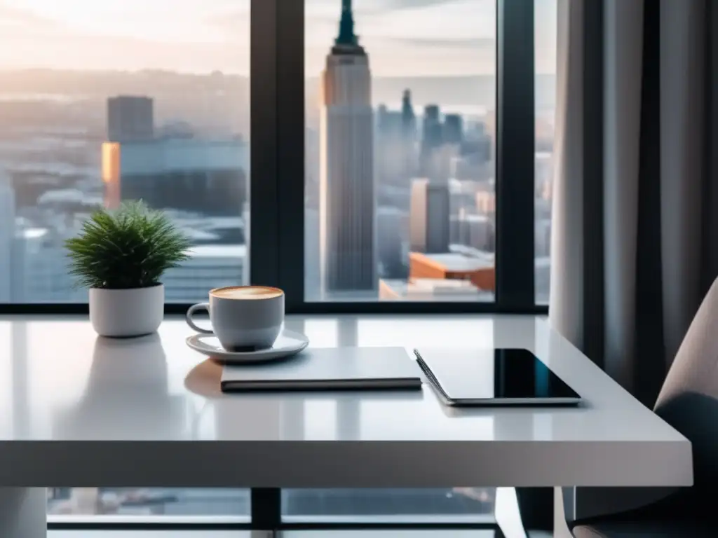 Espacio de trabajo minimalista con vista a la ciudad Espacio de trabajo minimalista con vista a la ciudad y enfoque en ingresos pasivos para freelancers