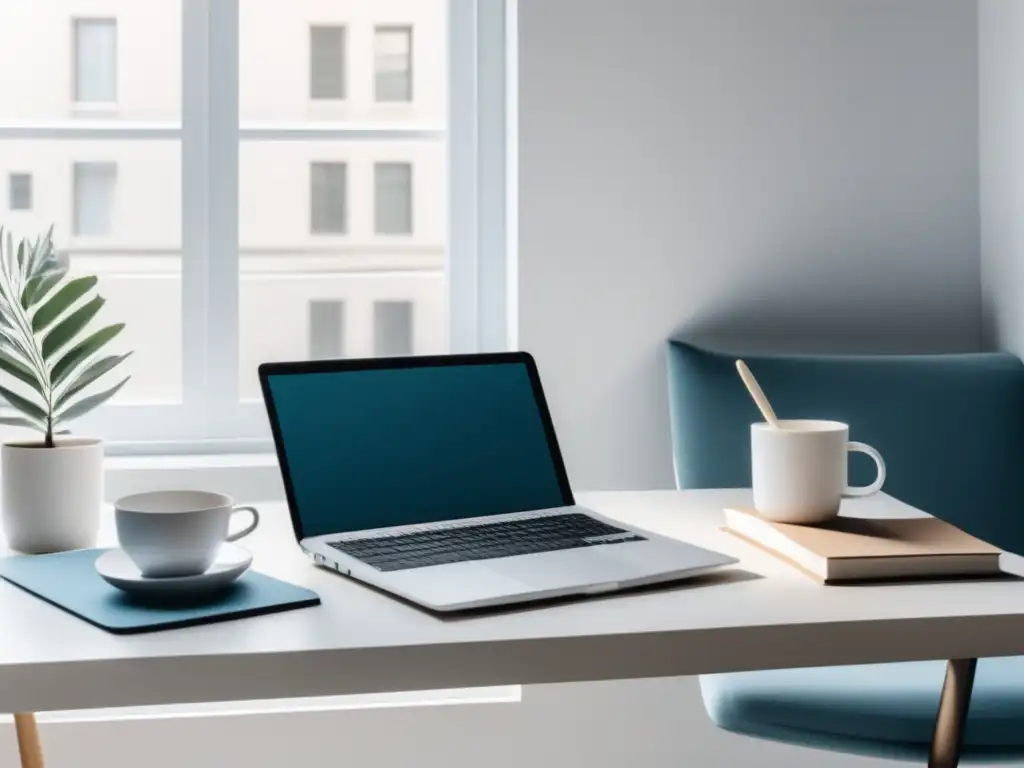 Espacio de trabajo moderno y organizado para freelancers Espacio de trabajo minimalista con escritorio organizado, laptop, notebook y libros de finanzas recomendados para freelancers