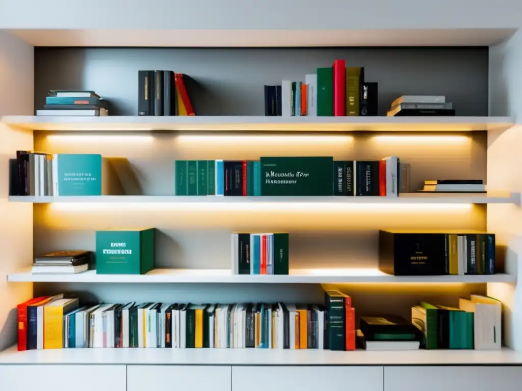 Estante de libros sobre finanzas Libros de finanzas recomendados para freelancers en un estante minimalista y moderno