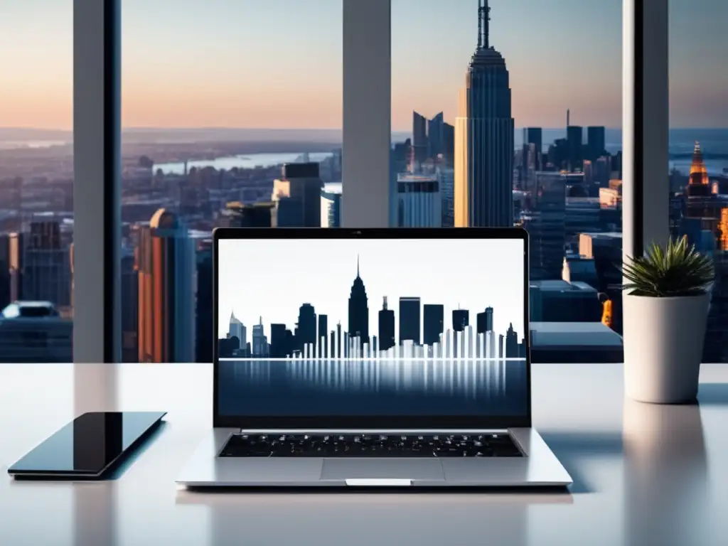 Laptop y ciudad representando el crecimiento y éxito del freelancer Laptop moderno en escritorio blanco con vista de ciudad, gráfico de barras que representa aumento de ingresos como freelancer