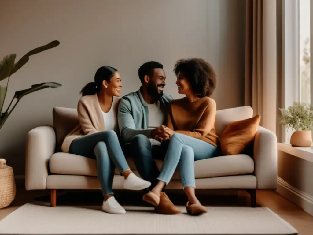 Familia feliz en sala acogedora con equilibrio trabajo-familia Familia feliz en sala acogedora: estrategias financieras para freelancers que desean formar una familia