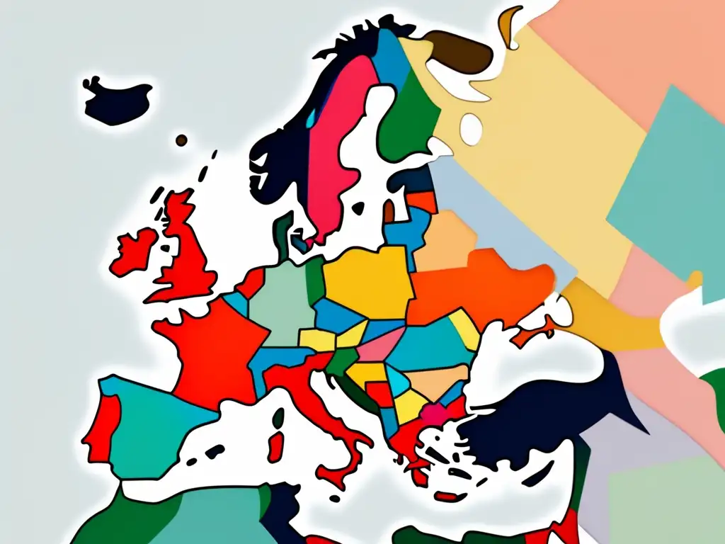 Mapa europeo minimalista con colores pastel y líneas blancas que simbolizan la interconexión de freelancers en Europa Mapa minimalista de Europa con formas geométricas en colores pastel que representan cada país