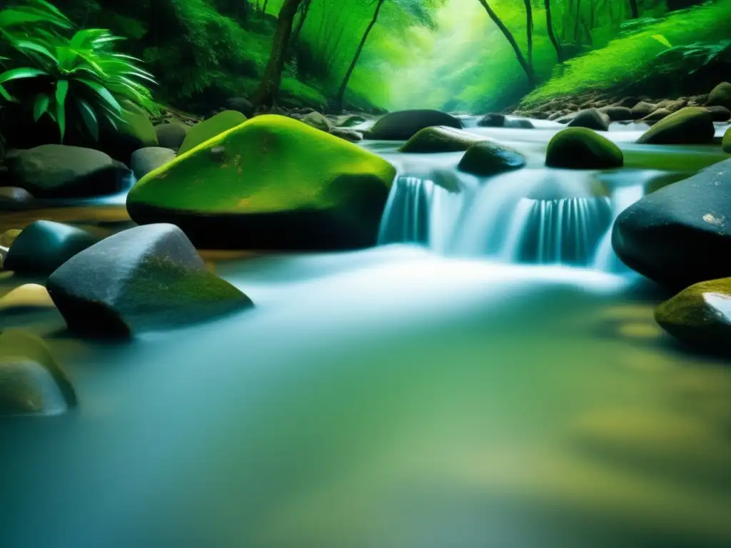 Flujo de efectivo minimalista Estrategias de flujo de efectivo para freelancers en un paisaje minimalista de un arroyo cristalino rodeado de vegetación exuberante