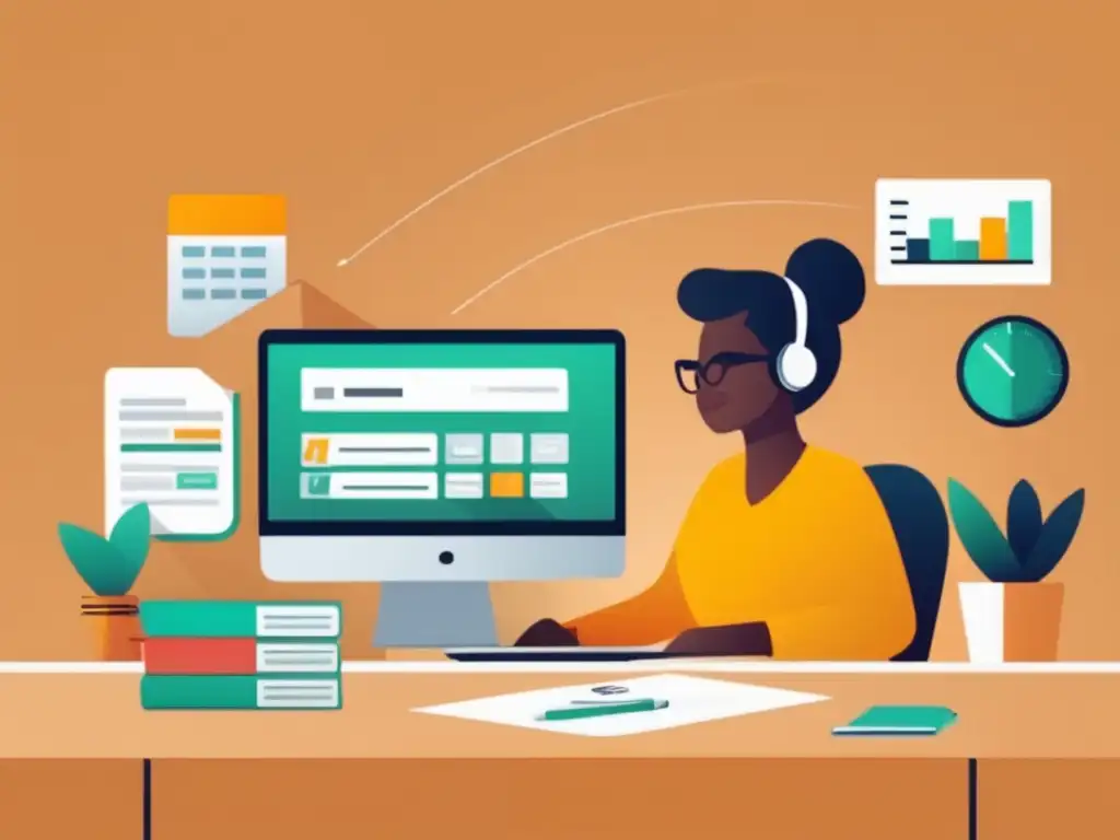 Freelancer organizando facturas en software eficiente Ilustración minimalista de freelancer usando software de facturación para freelancers