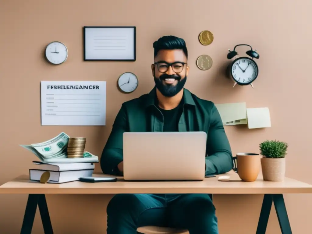 Freelancer ahorrando dinero en su escritorio moderno Freelancer en escritorio moderno con elementos de ahorro y eficiencia; estrategias de ahorro para freelancers