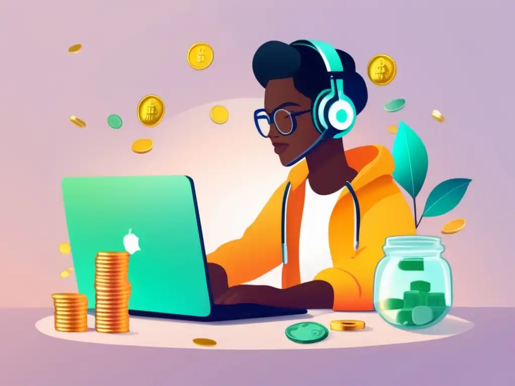Freelancer en su escritorio con jarra de dinero Freelancer con jarra de dinero y ahorro para freelancers