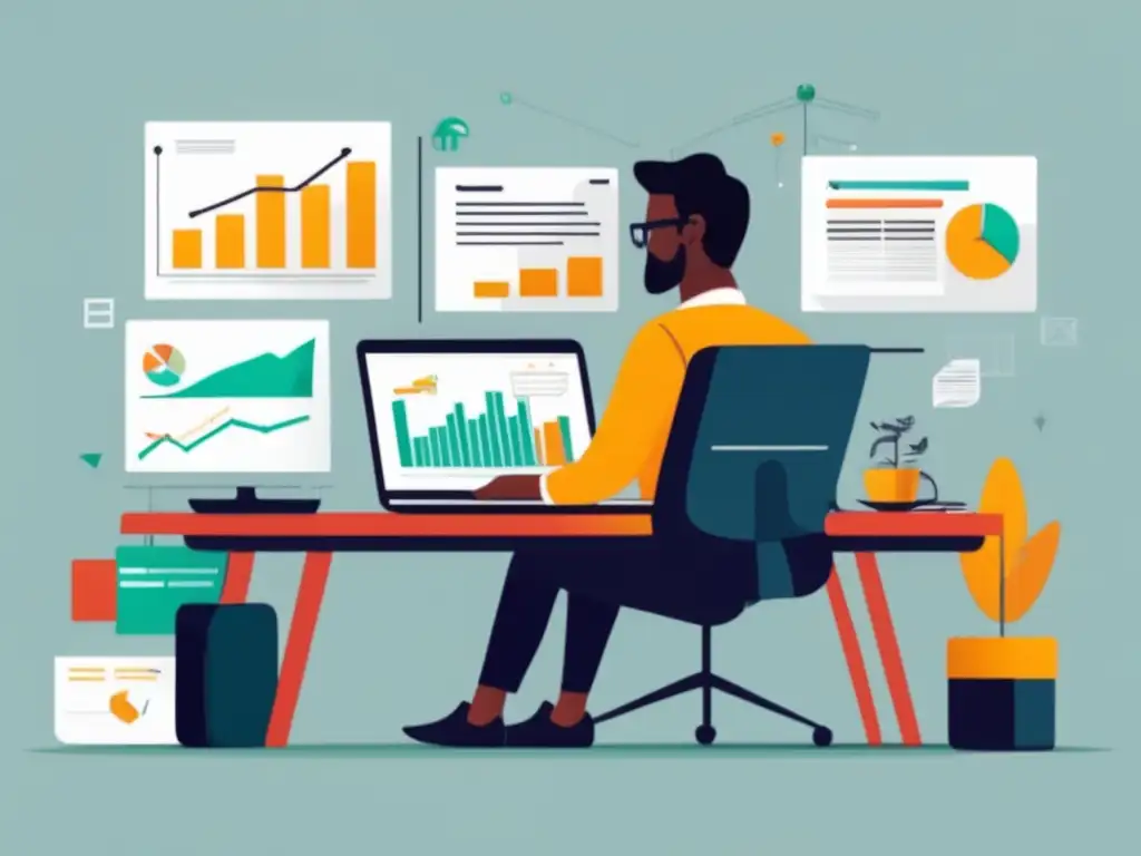 Freelancer investigando opciones de inversión Ilustración minimalista de un freelancer rodeado de opciones de inversión en un escritorio