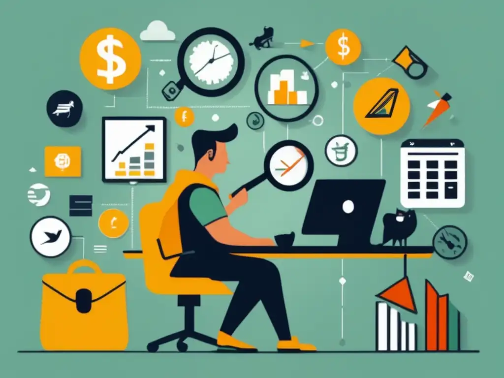 Freelancer analizando riesgos financieros Imagen minimalista de un freelancer examinando símbolos de riesgo financiero con una lupa