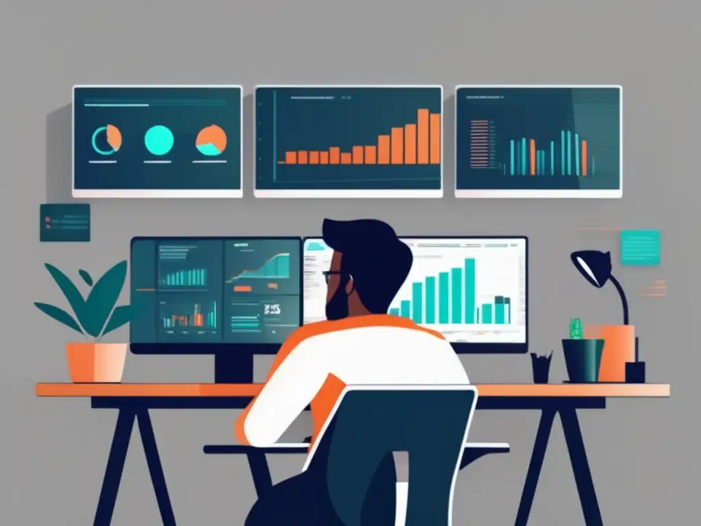 Freelancer analizando tendencias de mercado Freelancer analizando tendencias y datos en múltiples pantallas, estrategias de tarifas efectivas para freelancers