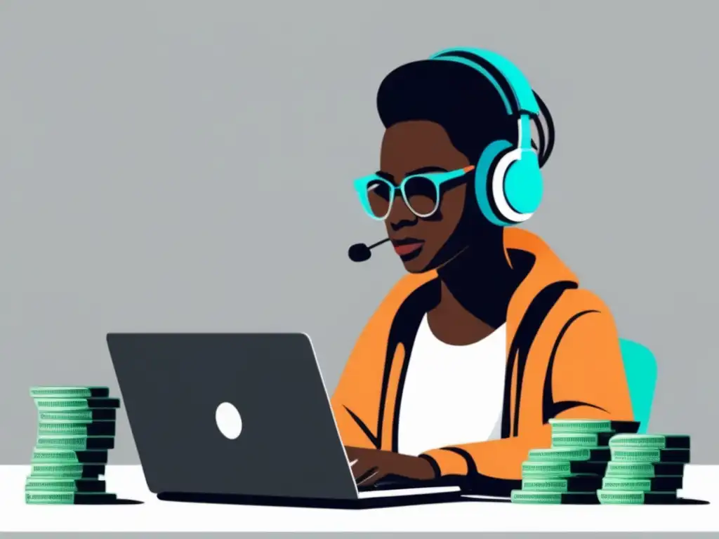 Freelancer enfocado con dinero Freelancer aumentando ingresos con técnicas para duplicar, rodeado de dinero y trabajando en laptop