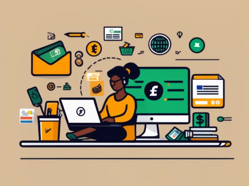 Freelancer configurando cuenta bancaria en divisa extranjera Ilustración minimalista de un freelancer con herramientas prácticas para convertirse en expertos en cambio de divisas