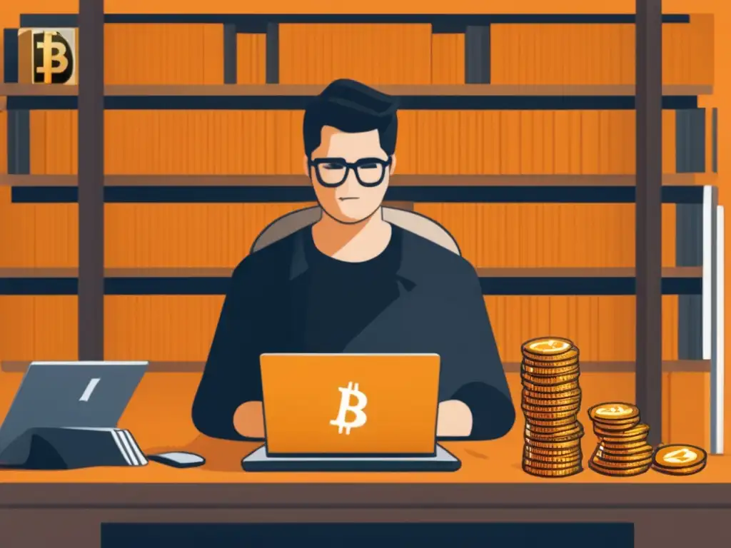 Freelancer con Bitcoin y consultoría de impuestos Ilustración minimalista de un freelancer en su escritorio con pagos en Bitcoin