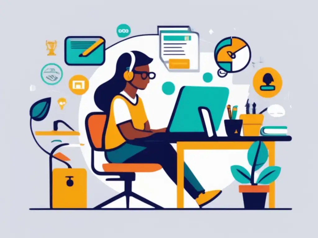 Freelancer ideando ingresos pasivos Freelancer concentrado en su escritorio, rodeado de íconos que representan habilidades y conocimientos