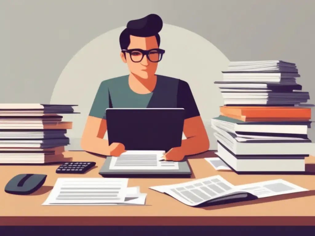 Freelancer concentrado en impuestos Freelancer en oficina, calculadora y laptop, sistema fiscal estadounidense para freelancers
