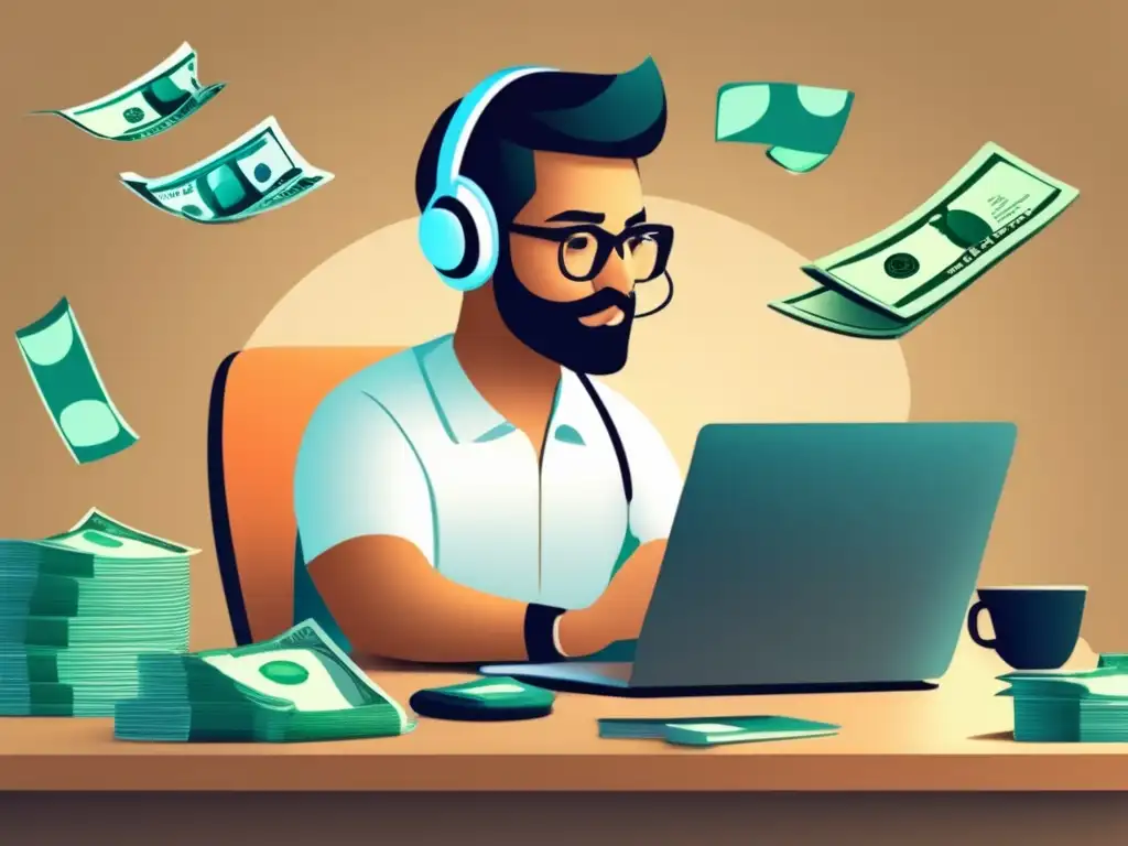 Freelancer trabajando en eficiencia financiera Ilustración minimalista de un freelancer trabajando en su escritorio rodeado de dinero e facturas, transmitiendo profesionalismo y eficiencia en la gestión del flujo de efectivo para freelancers