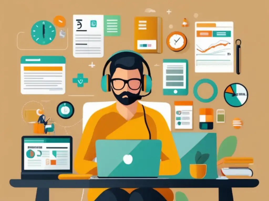 Deducciones para freelancers Imagen de un freelancer rodeado de objetos representando deducciones fiscales para freelancers