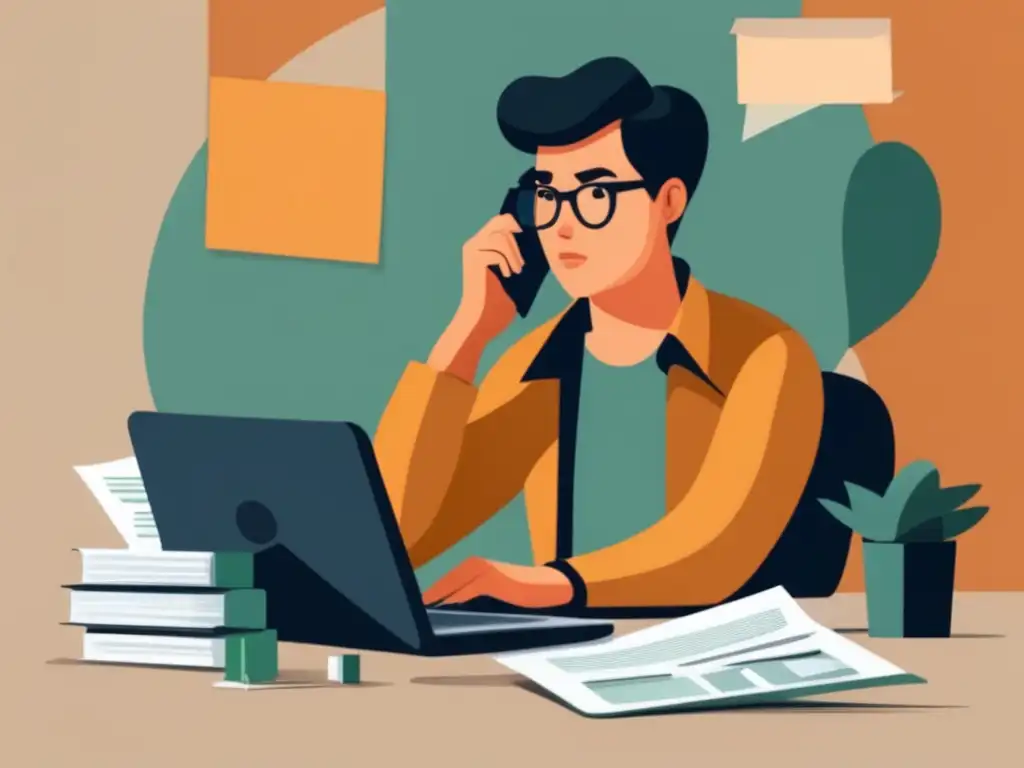 Freelancer calculando impuestos Ilustración minimalista de un freelancer rodeado de papeleo y una calculadora, con expresión de confusión