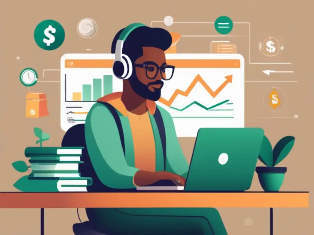 Freelancer generando ingresos pasivos Freelancer generando ingresos pasivos con laptop, libros y dinero - ingresos pasivos para freelancers