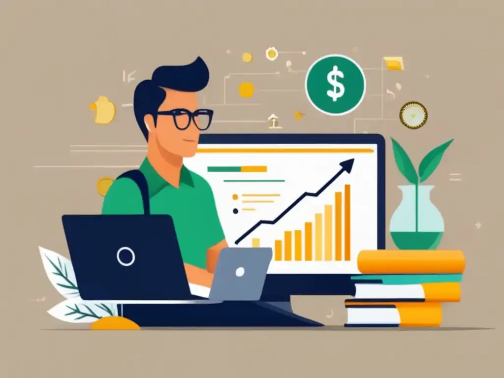Freelancer rodeado de ingresos pasivos Ilustración minimalista de un freelancer rodeado de ingresos pasivos y recursos financieros