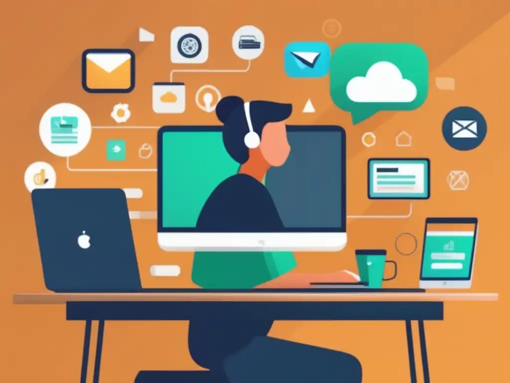 Freelancer con ingresos pasivos y dispositivos digitales Imagen: Freelancer en moderno escritorio con laptop e íconos de ingresos pasivos