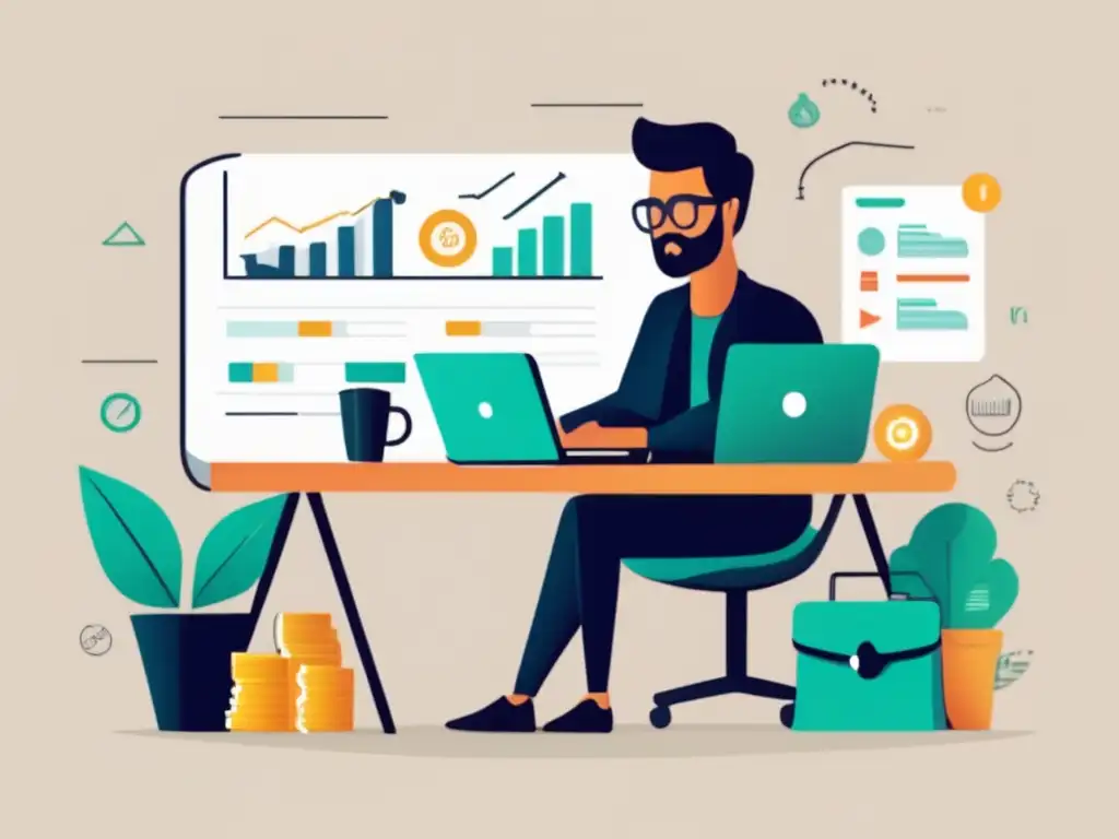 Freelancer enfocado y determinado Ilustración minimalista de un freelancer enfocado en metas financieras y estrategias para establecer objetivos claros y alcanzables