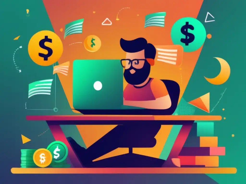 Freelancer gestionando volatilidad financiera Freelancer con laptop y símbolos de moneda, estrategias para manejar volatilidad y maximizar ganancias en el ámbito financiero