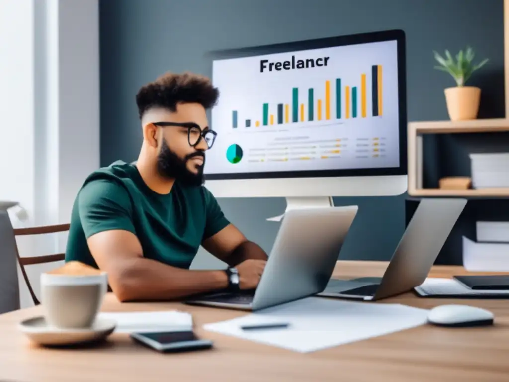 Planificación financiera para freelancers Freelancer en escritorio con herramientas de planificación financiera y guía de pensiones para freelancers