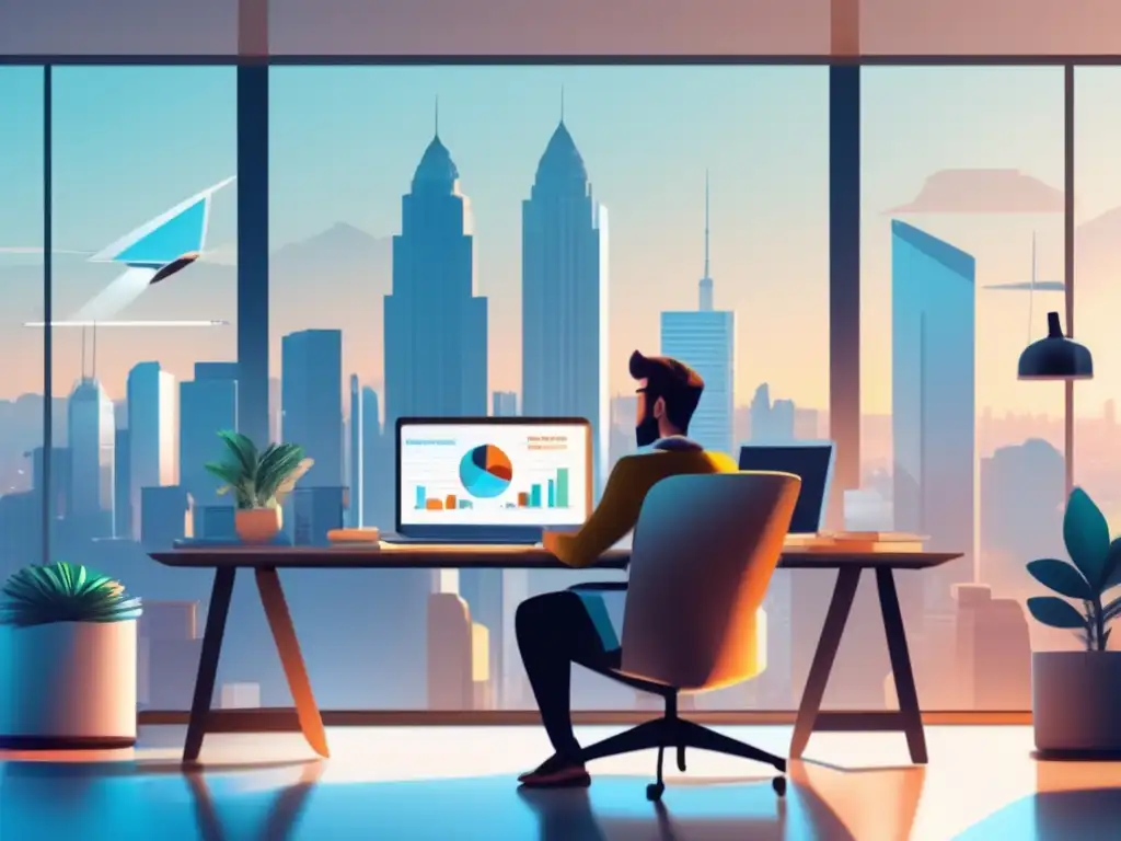 Freelancer en escritorio moderno con recursos financieros Freelancer en un escritorio moderno rodeado de recursos de educación financiera, como libros, cursos en línea y una laptop con gráficos financieros