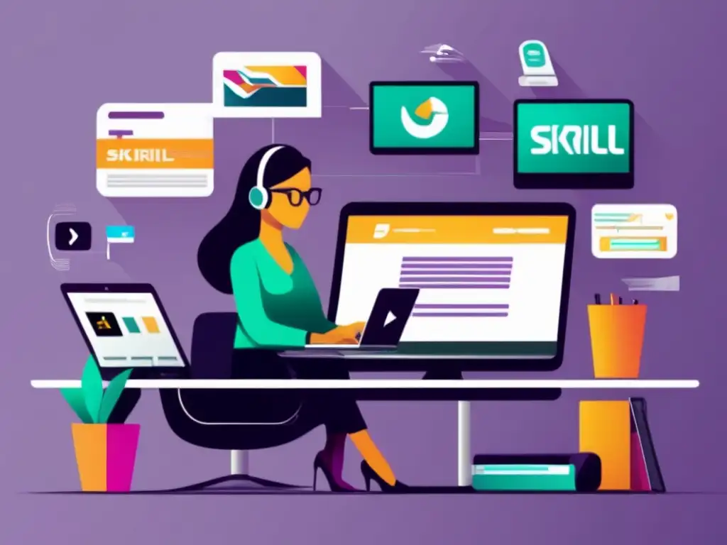 Profesional freelancer con Skrill y dispositivos electrónicos Freelancer usando Skrill para aumentar ingresos eficientemente