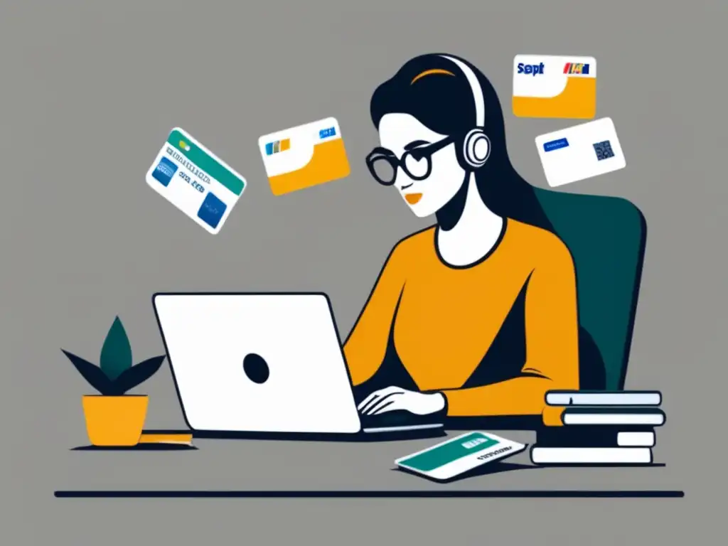 Freelancer enfocado con tarjetas de crédito Freelancer trabajando en escritorio con laptop y tarjetas de crédito, construyendo historial crediticio sólido