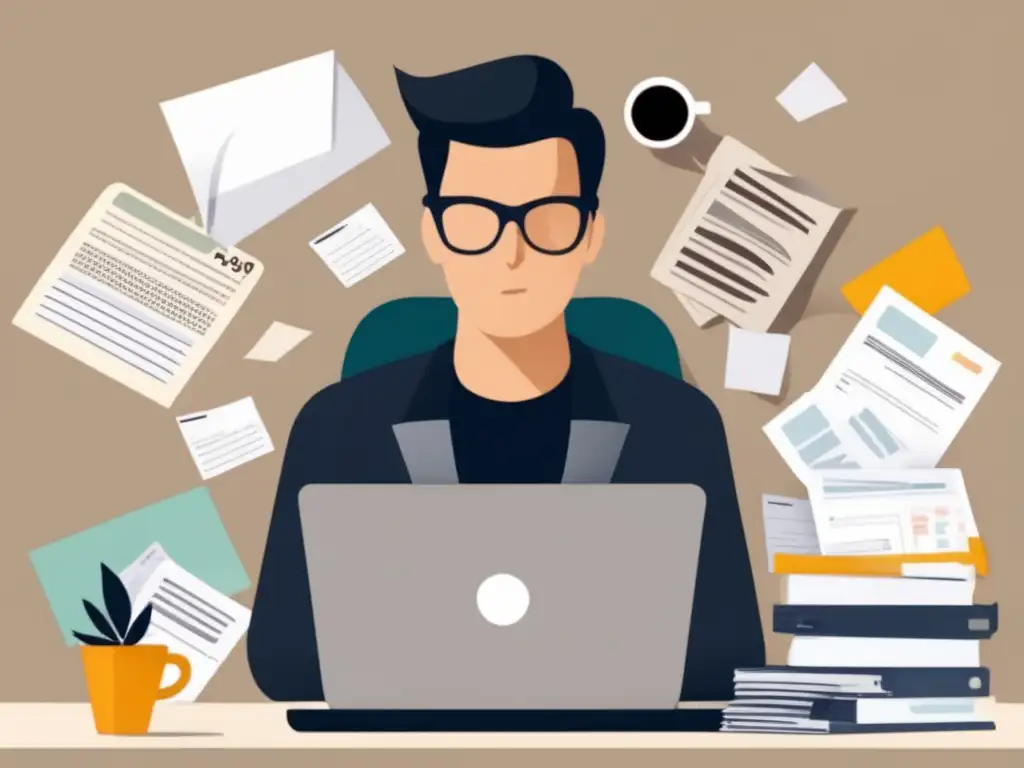 Desafíos fiscales del freelancer Error impuestos freelancers: imagen minimalista de un freelancer pensativo en su escritorio rodeado de papeles y formularios fiscales