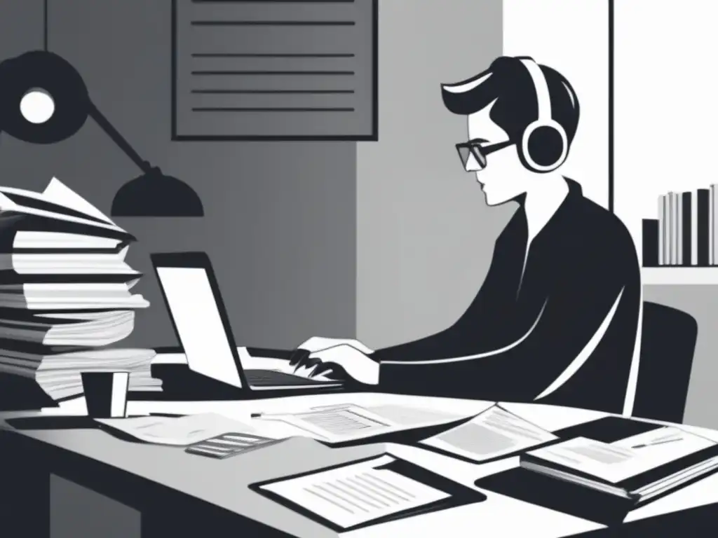 Freelancer concentrado en escritorio caótico Freelancer concentrado en su escritorio, con documentos y audífonos