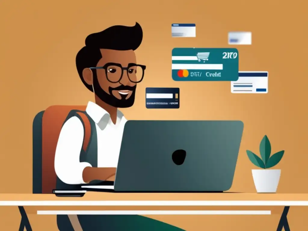 Freelancer construyendo crédito Freelancer construyendo historial crediticio con laptop y tarjetas