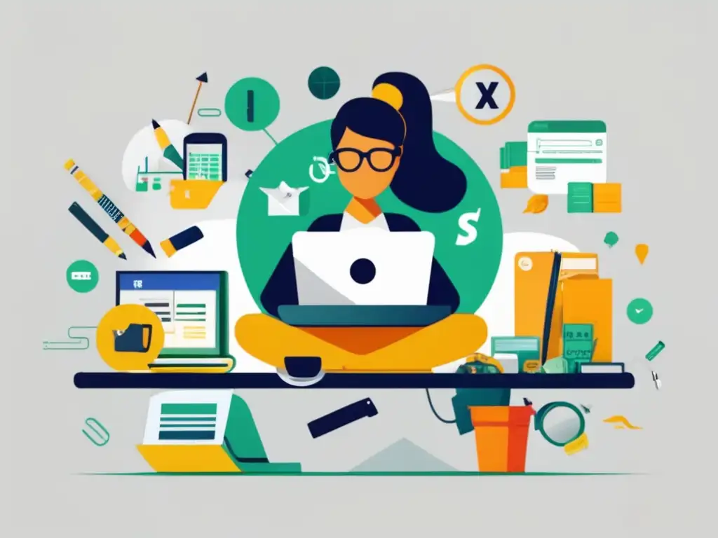 Ilustración moderna de un freelancer con herramientas creativas y deducciones de impuestos Ilustración minimalista de freelancer con herramientas creativas y deducciones fiscales