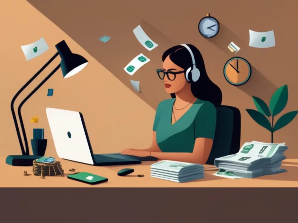 Freelancer en espacio minimalista con historia crediticia Un freelancer construyendo historial crediticio en un espacio de trabajo minimalista rodeado de factores negativos