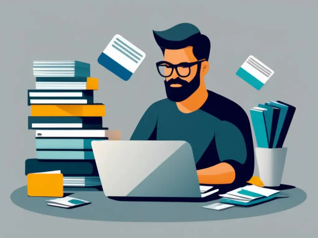 Freelancer enfocado en laptop, rodeado de tarjetas y documentos Freelancer estableciendo historial crediticio sólido en su escritorio