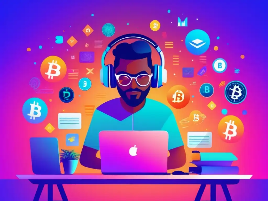 Freelancer inmerso en criptomonedas Freelancer en un escritorio minimalista rodeado de símbolos de criptomonedas, transmitiendo independencia, eficiencia y tecnología avanzada