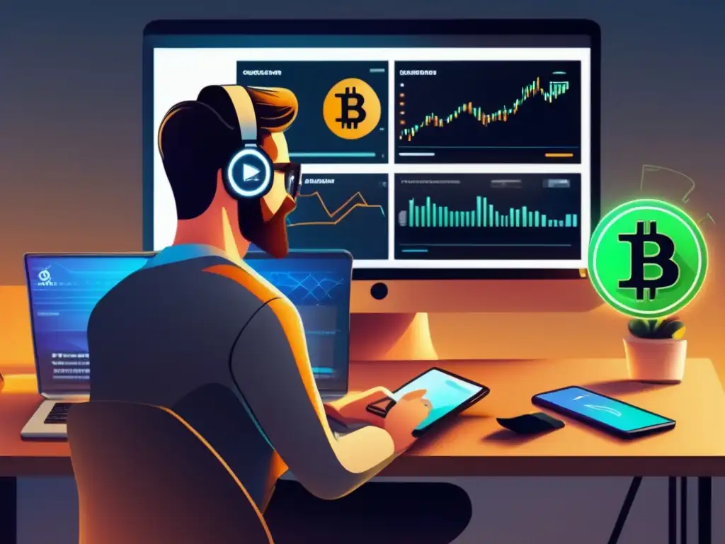Freelancer con dispositivos electrónicos y criptomoneda Freelancer convierte ingresos en criptomonedas en un entorno profesional y minimalista