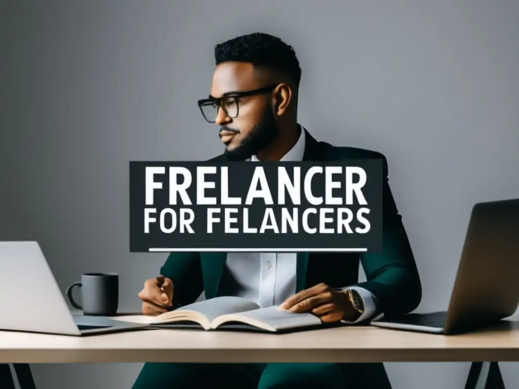 Freelancer educándose sobre crédito Freelancer enfocado en libro 'Construir Historial Crediticio para Freelancers', escritorio organizado con laptop y tarjeta de crédito